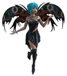3d Illustration of a dark anime style butterfly fairy with blue hair and outspread wings 