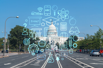 Capitol dome building exterior, Washington DC, USA. Home of Congress, Capitol Hill. American political system. Technologies and education concept. Academic research, top ranking university, hologram