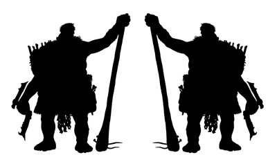 Poster - Fantasy creature - orc. Fantasy monster silhouette illustration. Goblin with ax drawing.