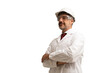 © Jirus - Portrait of Caucasian engineer / scientist wearing white coat, safety glasses and Hard Hat posing with arms crossed on a white background.