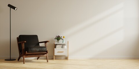 Wall Mural - Modern minimalist interior with a black leather armchair on empty white wall background.