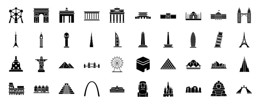 world landmarks black icon set. big ben, eiffel tower, pyramid, stonehenge, acropolis vector illustr