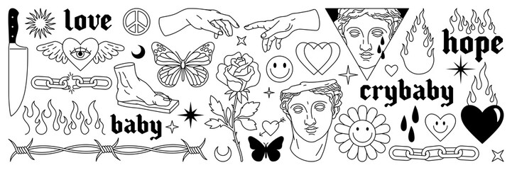 Tattoo art 1990s, 2000s. Y2k stickers. Butterfly, barbed wire, fire, flame, chain, heart and other elements in trendy psychedelic style. Vector hand drawn tattoo print. Black and white colors.