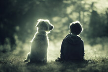 3D Render Boy And His Dog Are Best Friends With Beautifully Lit Bokeh.