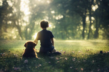 3D Render Boy And His Dog Are Best Friends With Beautifully Lit Bokeh.