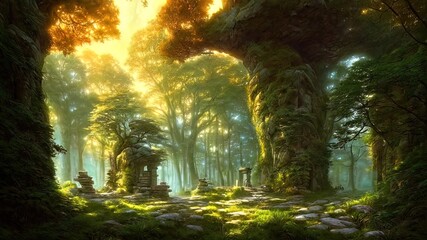 Wall Mural - Fantasy forest landscape with stone ruins and bizarre vegetation at a beautiful sunset. Ancient stone fantasy magic portal, passage to the unreal world. Green dense forest with sun rays. 