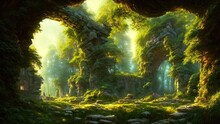 Fantasy Forest Landscape With Stone Ruins And Bizarre Vegetation At A Beautiful Sunset. Ancient Stone Fantasy Magic Portal, Passage To The Unreal World. Green Dense Forest With Sun Rays. 