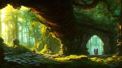 Wall Mural - Fantasy forest landscape with stone ruins and bizarre vegetation at a beautiful sunset. Ancient stone fantasy magic portal, passage to the unreal world. Green dense forest with sun rays. 