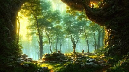 Wall Mural - Fantasy forest landscape with stone ruins and bizarre vegetation at a beautiful sunset. Ancient stone fantasy magic portal, passage to the unreal world. Green dense forest with sun rays. 3D