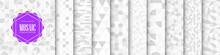 Collection Of Seamless Geometric Patterns. White And Gray Mosaic Tile Endless Textures. Abstract Fashion Artwork Backgrounds