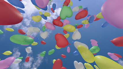 Wall Mural - Heart Balloons rising up to the sky 3D illustration.