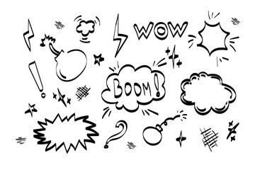 Cartoon clouds and explosions set for comics, Speech bubbles. Thinking and speaking clouds with doodle vector set