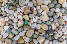 Rounded Pebbles Background Texture. Abstract Nature Background With Round Pebble Stones. Zen And Meditation Recreational Beach Or Garden Outdoor Concept. 