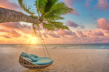 Aufkleber - Tropical sunset beach background, summer island landscape with palm swing and sand sea sky beach. Beautiful couple beach vacation or summer holiday concept. Honeymoon, romance resort. Amazing scene