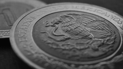 Wall Mural - Coin of 5 Mexican pesos close-up. Peso of Mexico. Reverse of coin with coat of arms of country. Eagle and snake. Black and white money wallpaper. News about economy or business. Loan and credit. Macro