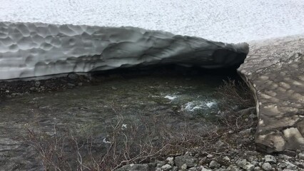 Wall Mural - The water of a mountain river runs under a cap of melting snow. The Kuniyok river. The Khibiny mountain range, Kola Peninsula, Russia