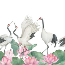 Watercolor Seamless Border With Crane And Flower Lotus. Traditional Design. Hand Drawn Illustration On White Background
