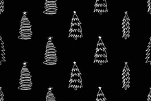 Christmas tree fir with decoration drawings. Seamless pattern repeating texture background design for fashion fabrics, textile graphics, prints.