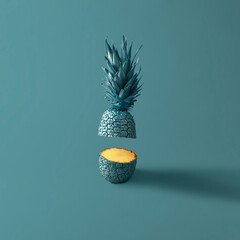 Wall Mural - Cut blue pineapple on blue background with copy space.