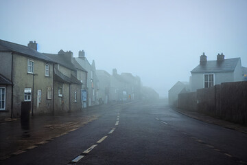 Wall Mural - moody foggy uk city background, cornwall, scotland, old stone houses, 3d render, 3d illustration