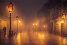 Night Foggy Downtown City Street Background With Lanterns, 3d Render, 3d Illustration