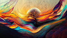 Illustration - Tree Of Life Painted With Oil Paints. Gorgeous Colorful Background.