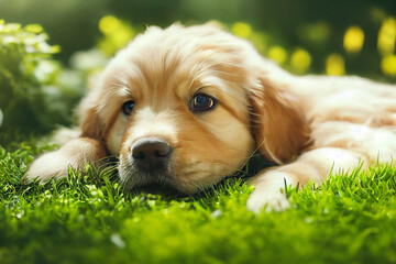 Wall Mural - adorable golden retriever puppy lying in the sunny garden, outdoor background, 3d render, 3d illustration 3d render, 3d illustration