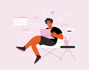 Programming vector concept with geek boy working laptop. Student study web language, java script or php. Man IT developer or programmer, freelancer character