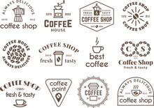 Coffee Shop Labels. Quality Flavors Rustic Badges. Hot Drinks Cafe Symbol With Beans And Cups. Round Logo And Badges, Espresso Arabica Tidy Vector Icons