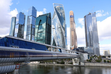 View to skyscrapers of Moscow city, bridge Bagration and Moscow river. International business center, russian economy