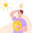 Man dehydration from heat. Exhausted cartoon person summer heated weather, sweating people on hot burn sunny, illness dizzy from sun sweaty guy in sunlight day, vector illustration