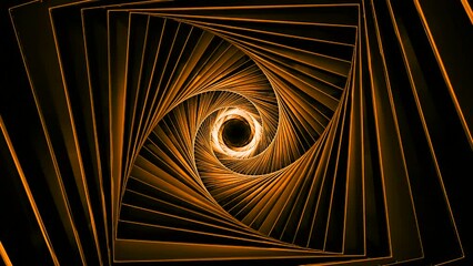 Wall Mural - Spiral shaped 3D tunnel with moving golden lights. Design. Spinning endless fractal vortex.