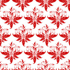  seamless graphic pattern, floral red ornament tile on white background, texture, design