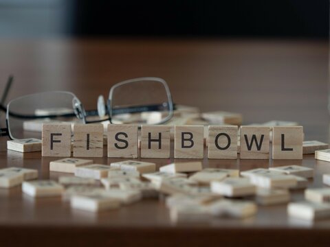 fishbowl word or concept represented by wooden letter tiles on a wooden table with glasses and a book