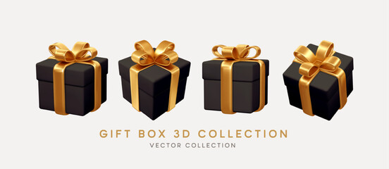 Wall Mural - 2023 3d Realistic Black Gift Boxes with Gold Ribbon Gift Bow Set. Christmas Decoration Vector illustration