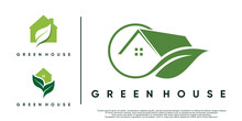 Set Of Green House Logo Design Illustration With Leaf Element Premium Vector
