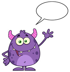 Wall Mural - Happy Cute Monster Cartoon Character Waving With Speech Bubble. Hand Drawn Illustration Isolated On Transparent Background