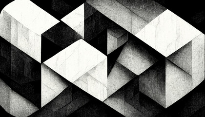 Modern abstract dynamic shapes black and white background with grainy paper texture. Digital art.