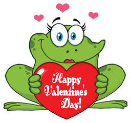 Wall Mural - Frog Female Cartoon Mascot Character Holding A Valentine Love Heart With Text Happy Valentines Day. Hand Drawn Illustration Isolated On Transparent Background