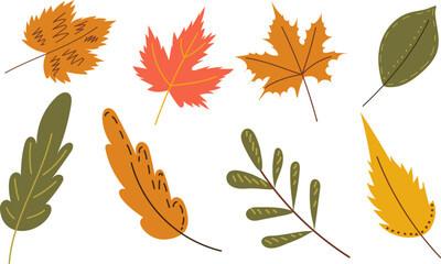 Wall Mural - set of autumn leaves in doodle style, isolated