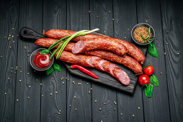 Smoked homemade sausage ring. Sausage on a black background.