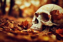 A Computer Illustration Of A Human Skull Sitting On The Ground Amongst Fallen Orange, Red And Brown Leaves In The Autumn, Halloween Background. A.I. Generated Art.
