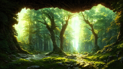 Dense dark fantasy forest, with big trees, green, sunset light. The magical atmosphere of the forest, fairy forest, magic light. 3D illustration