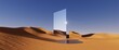 3d render, abstract fantastic panoramic background. Desert landscape with sand water and square mirror under the clear blue sky. Modern minimal aesthetic wallpaper