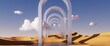 Leinwandbild Motiv 3d render, abstract fantastic panoramic background with round arches and white clouds. Desert landscape with sand dunes under the blue sky. Modern minimal aesthetic wallpaper