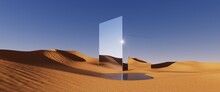 3d Render, Abstract Fantastic Panoramic Background. Desert Landscape With Sand Water And Square Mirror Under The Clear Blue Sky. Modern Minimal Aesthetic Wallpaper