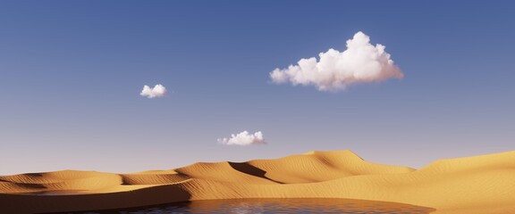 3d render, abstract simple panoramic background. desert landscape with sand dunes under the blue sky