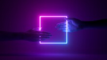 3d Render, Futuristic Geometrical Background, Two Mannequin Hands Hold Pink Blue Neon Square Frame, Sharing Concept