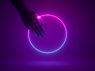 Wall Mural - 3d rendering, modern geometrical background, mannequin hand holds neon ring glowing with pink blue l