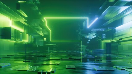 3d render, abstract concept of the urban street at night, green neon background with geometric shapes